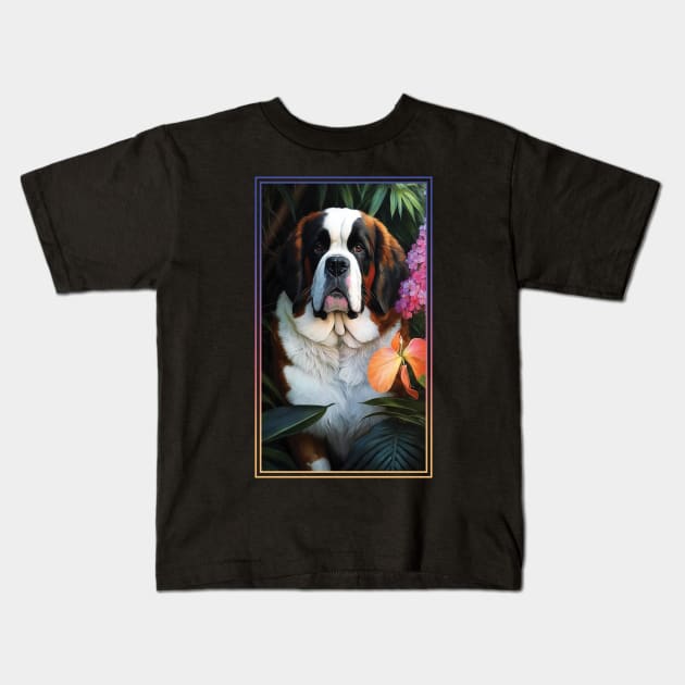 Saint Bernard Dog Vibrant Tropical Flower Tall Digital Oil Painting Portrait Kids T-Shirt by ArtHouseFlunky